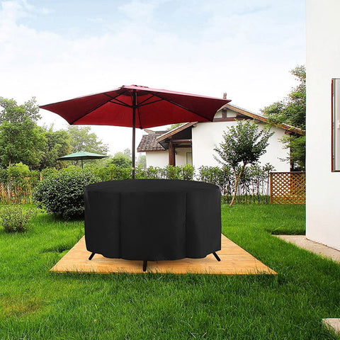 Round furniture cover with PVC backing for weather resistance