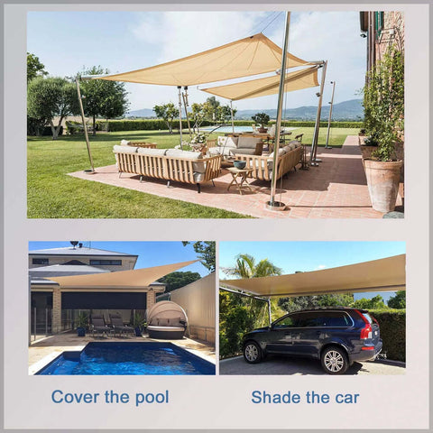 Triangle sun shade sail awning offering sun protection for patios and backyards