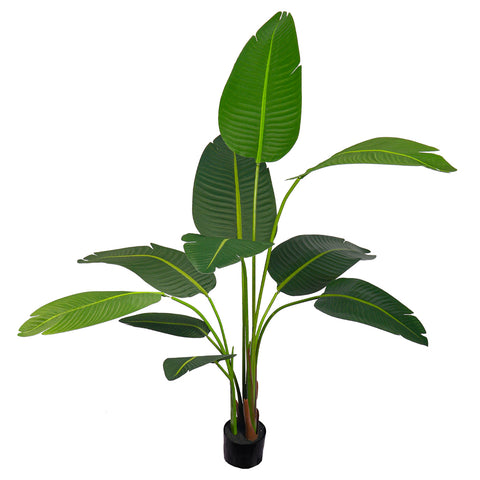 Close-up of realistic artificial banana plant with vibrant leaves