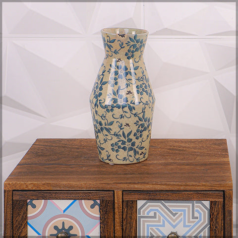 Cream and Blue Chinese Flower Vase