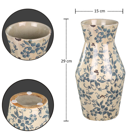 Cream and Blue Chinese Flower Vase