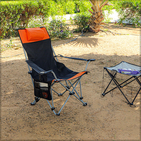 Portable camping chair with convenient cup holder and pillow