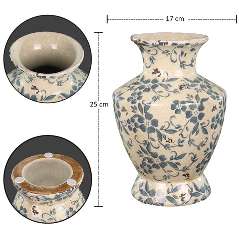 Cream and Blue Chinese Flower Vase